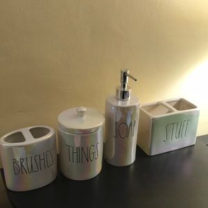 Rae Dunn bathroom set creamy white and shiny rainbow colors!